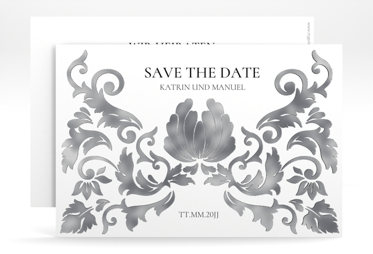 Save the Date-Karte Royal A6 Karte quer weiss silber mit barockem Blumen-Ornament