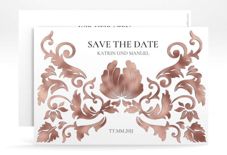 Save the Date-Karte Royal A6 Karte quer weiss rosegold mit barockem Blumen-Ornament