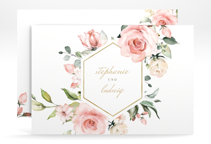 Save the Date-Karte Graceful A6 Karte quer weiss gold mit Rosenblüten in Rosa und Weiß