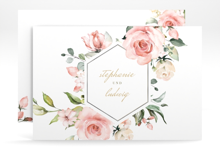 Save the Date-Karte Graceful A6 Karte quer weiss silber mit Rosenblüten in Rosa und Weiß