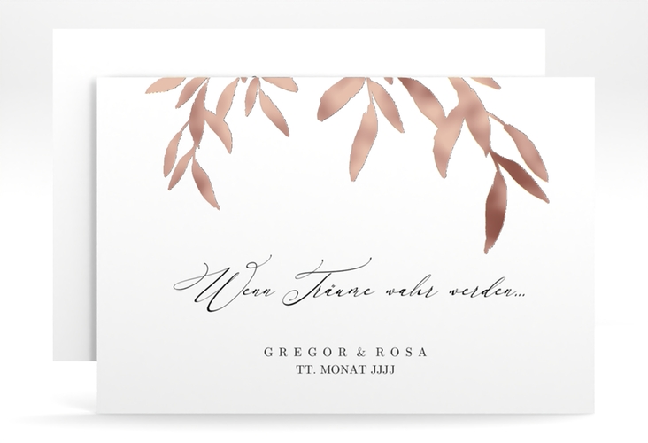 Save the Date-Karte Demure A6 Karte quer weiss rosegold