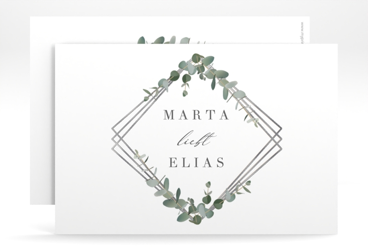 Save the Date-Karte Eukalyptus A6 Karte quer weiss silber