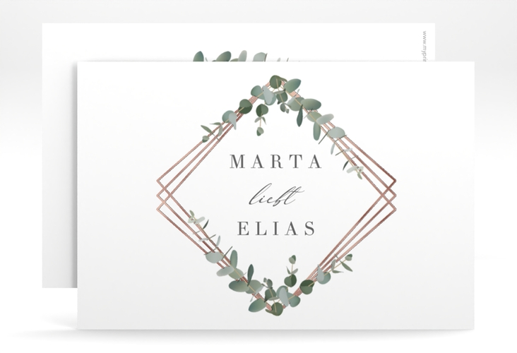 Save the Date-Karte Eukalyptus A6 Karte quer weiss rosegold