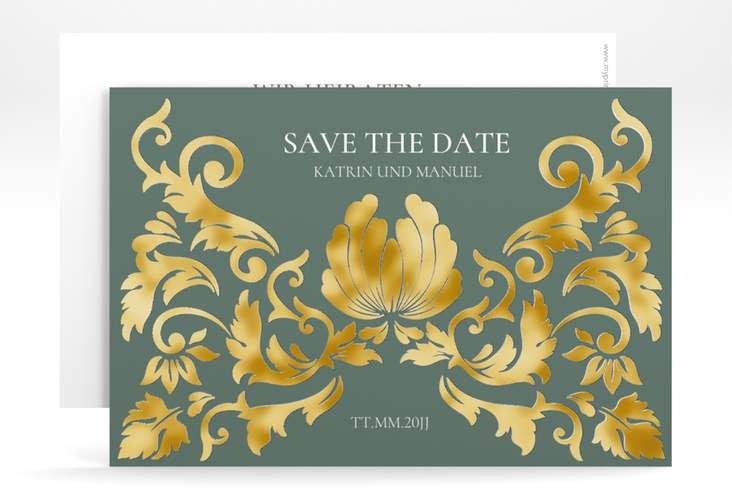 Save the Date-Karte Royal A6 Karte quer gruen gold mit barockem Blumen-Ornament