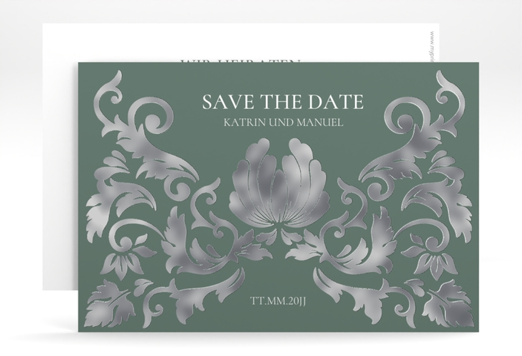 Save the Date-Karte Royal A6 Karte quer gruen silber mit barockem Blumen-Ornament