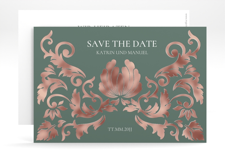 Save the Date-Karte Royal A6 Karte quer gruen rosegold mit barockem Blumen-Ornament