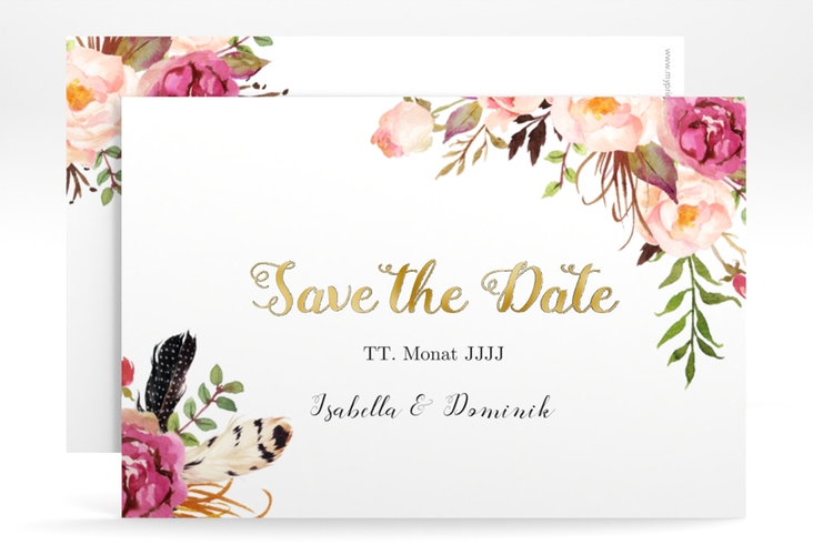 Save the Date-Karte Flowers A6 Karte quer weiss gold mit bunten Aquarell-Blumen