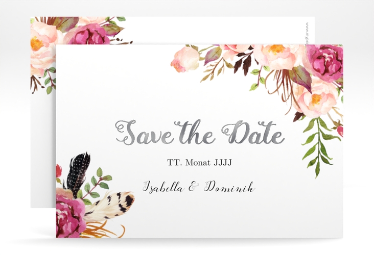 Save the Date-Karte Flowers A6 Karte quer weiss silber mit bunten Aquarell-Blumen