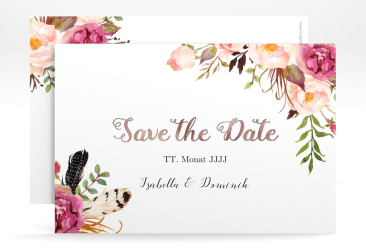 Save the Date-Karte Flowers A6 Karte quer weiss rosegold mit bunten Aquarell-Blumen