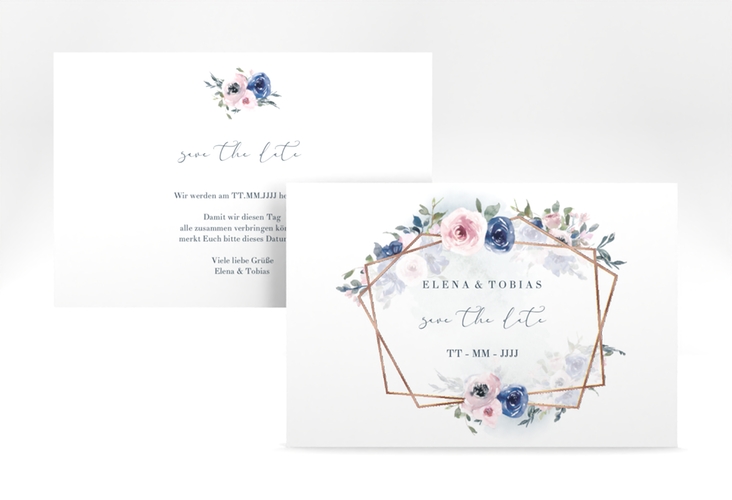 Save the Date-Karte Dustyblue A6 Karte quer weiss rosegold