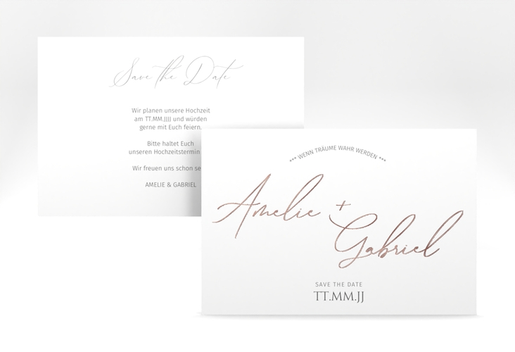 Save the Date-Karte Federschrift A6 Karte quer weiss rosegold in schlichtem Design mit Kalligrafie