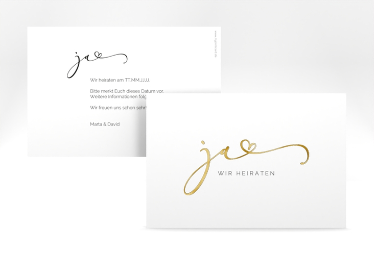 Save the Date-Karte Jawort A6 Karte quer weiss gold modern minimalistisch mit veredelter Aufschrift