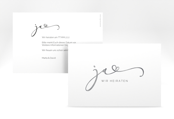 Save the Date-Karte Jawort A6 Karte quer weiss silber modern minimalistisch mit veredelter Aufschrift