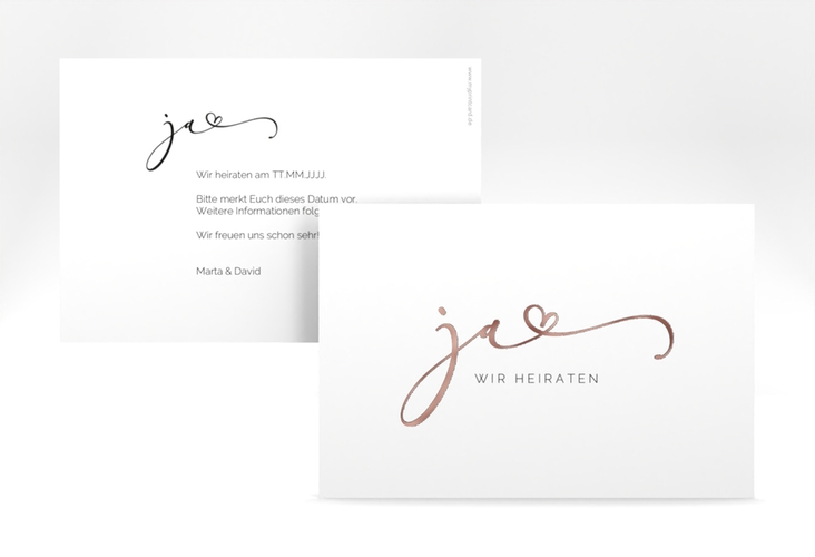 Save the Date-Karte Jawort A6 Karte quer weiss rosegold modern minimalistisch mit veredelter Aufschrift