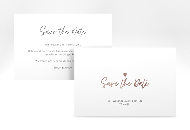 Save the Date-Karte Herzschlag A6 Karte quer weiss rosegold schlicht und elegant mit Herzchen