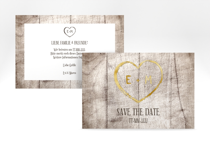 Save the Date-Karte Wood A6 Karte quer weiss gold in Holz-Optik mit Herz und Initialen