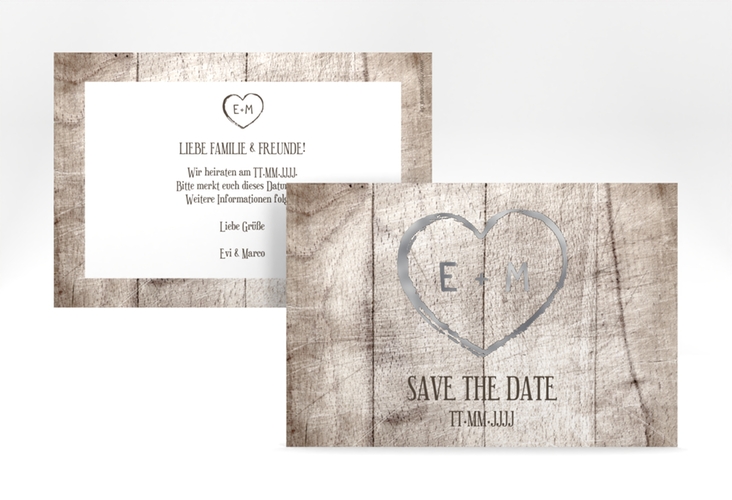 Save the Date-Karte Wood A6 Karte quer weiss silber in Holz-Optik mit Herz und Initialen