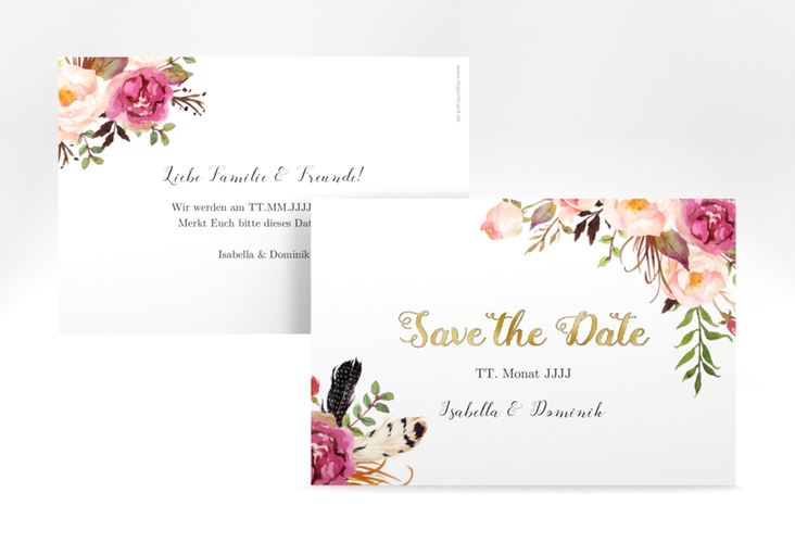 Save the Date-Karte Flowers A6 Karte quer weiss gold mit bunten Aquarell-Blumen