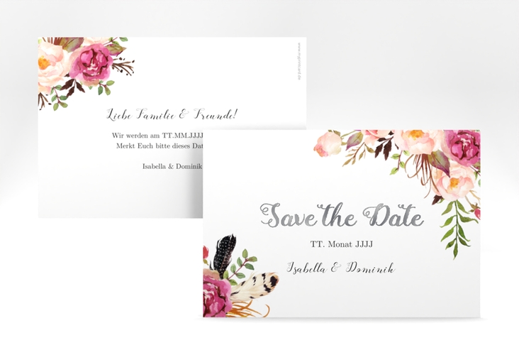 Save the Date-Karte Flowers A6 Karte quer weiss silber mit bunten Aquarell-Blumen