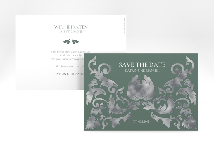 Save the Date-Karte Royal A6 Karte quer gruen silber mit barockem Blumen-Ornament