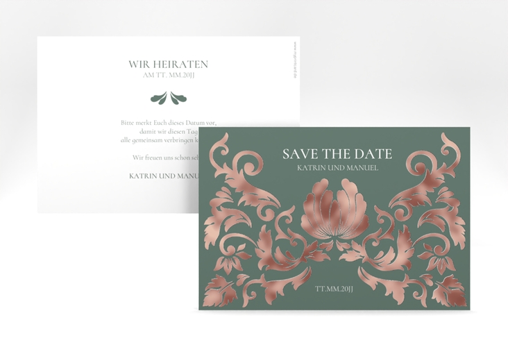 Save the Date-Karte Royal A6 Karte quer gruen rosegold mit barockem Blumen-Ornament