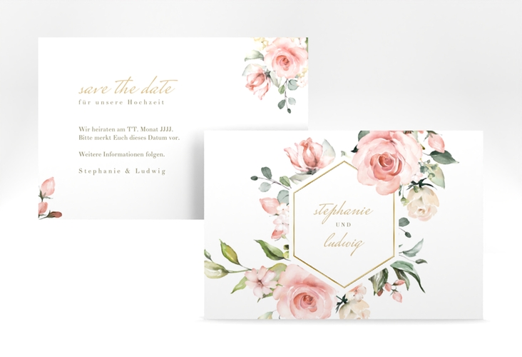 Save the Date-Karte Graceful A6 Karte quer weiss gold mit Rosenblüten in Rosa und Weiß