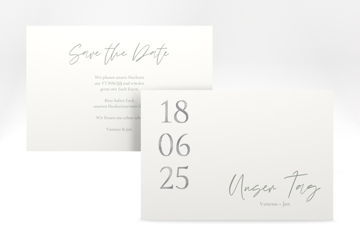 Save the Date-Karte Day A6 Karte quer weiss silber mit Datum im minimalistischen Design