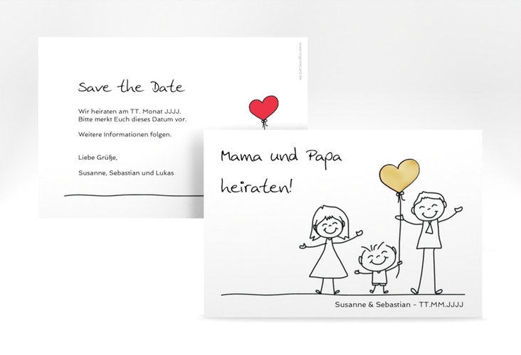 Save the Date-Karte Family A6 Karte quer weiss gold