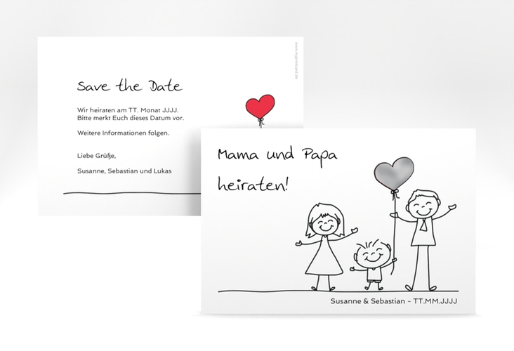 Save the Date-Karte Family A6 Karte quer weiss silber