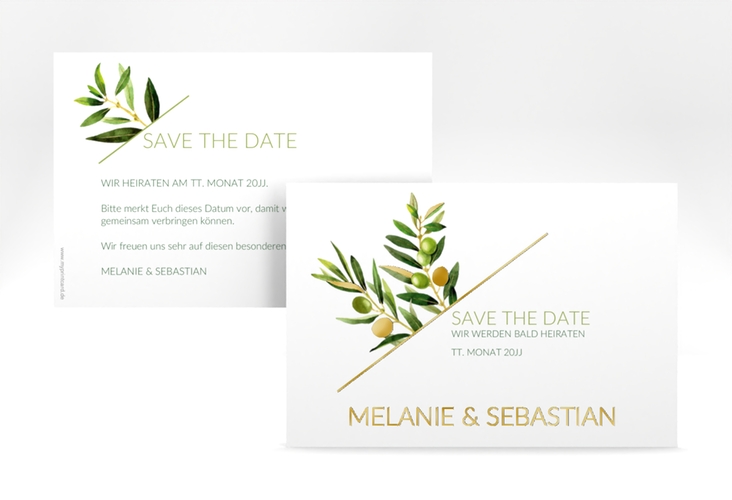 Save the Date-Karte Olivenzweig A6 Karte quer weiss gold