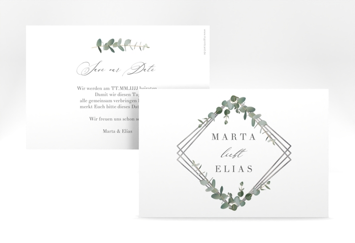 Save the Date-Karte Eukalyptus A6 Karte quer weiss silber