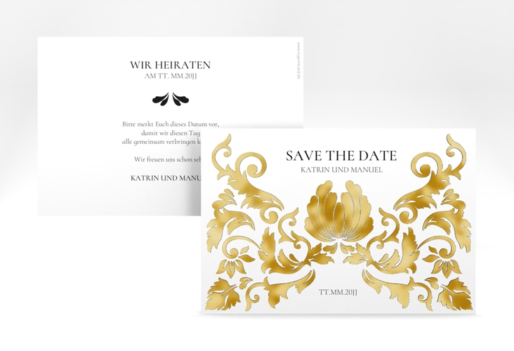 Save the Date-Karte Royal A6 Karte quer weiss gold mit barockem Blumen-Ornament