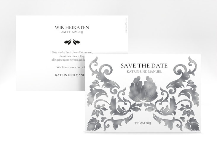 Save the Date-Karte Royal A6 Karte quer weiss silber mit barockem Blumen-Ornament