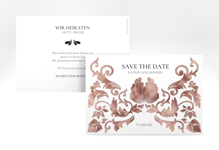 Save the Date-Karte Royal A6 Karte quer weiss rosegold mit barockem Blumen-Ornament