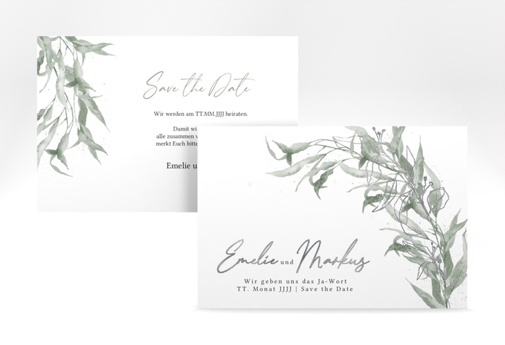 Save the Date-Karte Eucalyptus Green A6 Karte quer weiss silber