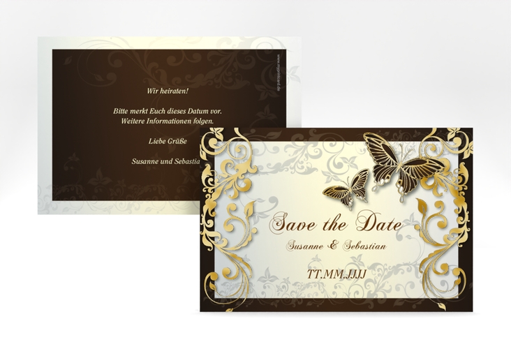 Save the Date-Karte Hochzeit Toulouse A6 Karte quer braun gold romantisch mit Schmetterlingen