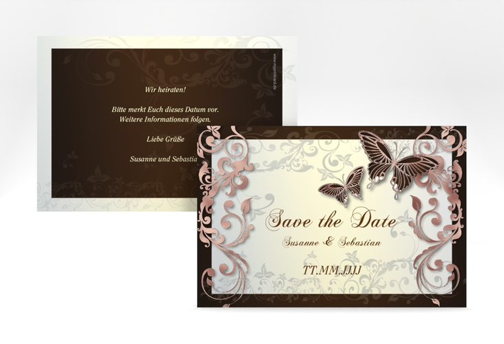 Save the Date-Karte Hochzeit Toulouse A6 Karte quer braun rosegold romantisch mit Schmetterlingen