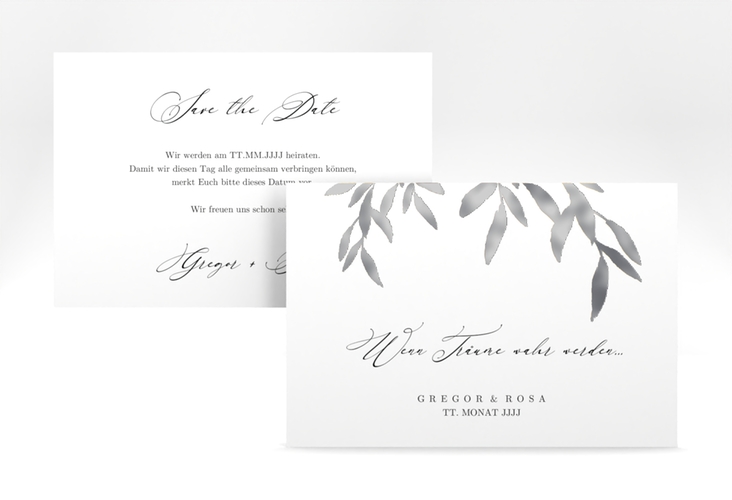 Save the Date-Karte Demure A6 Karte quer weiss silber