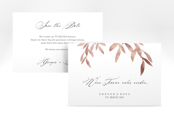 Save the Date-Karte Demure A6 Karte quer weiss rosegold