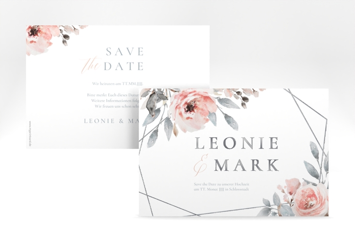 Save the Date-Karte Perfection A6 Karte quer weiss silber mit rosa Rosen