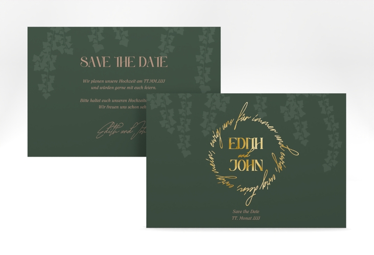 Save the Date-Karte Efeugrün A6 Karte quer gruen gold im Fantasy-Elfen-Design mit Efeu