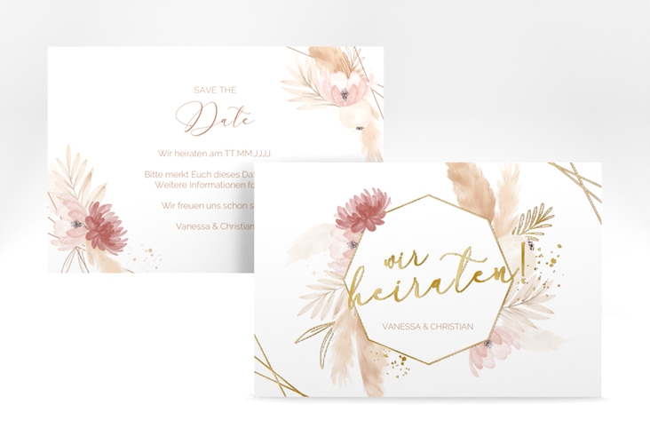 Save the Date-Karte Bohostyle A6 Karte quer beige gold mit Pampasgras in Aquarell