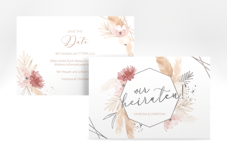 Save the Date-Karte Bohostyle A6 Karte quer beige silber mit Pampasgras in Aquarell