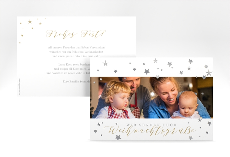 Weihnachtskarte Sternennacht A6 Karte quer weiss silber für Weihnachtsgrüße mit Familienfoto