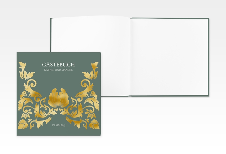 Gästebuch Creation Hochzeit Royal 20 x 20 cm, Hardcover gruen gold mit barockem Blumen-Ornament