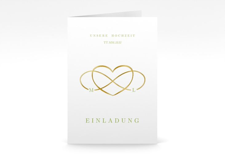 Einladungskarte Hochzeit Infinity A6 Klappkarte hoch gruen gold