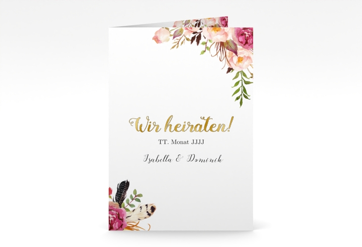 Einladungskarte Hochzeit Flowers A6 Klappkarte hoch weiss gold mit bunten Aquarell-Blumen