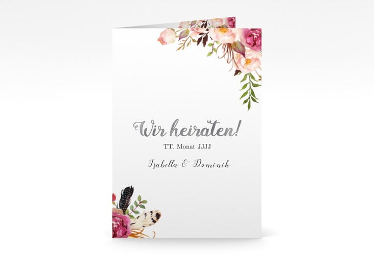 Einladungskarte Hochzeit Flowers A6 Klappkarte hoch weiss silber mit bunten Aquarell-Blumen