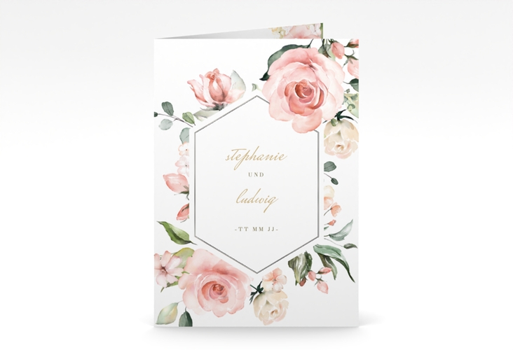 Einladungskarte Hochzeit Graceful A6 Klappkarte hoch weiss silber mit Rosenblüten in Rosa und Weiß