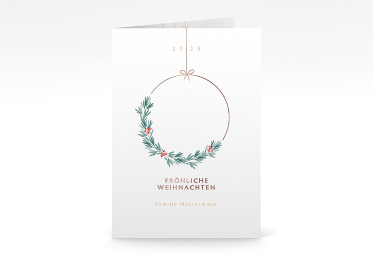 Weihnachtskarte Christbaumkugel A6 Klappkarte hoch weiss rosegold